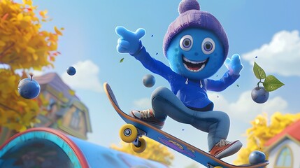 Wall Mural - Cartoon Cool Skating Blueberry Character 3D randering.