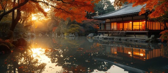 Poster - Serene Japanese Garden with Autumnal Colors