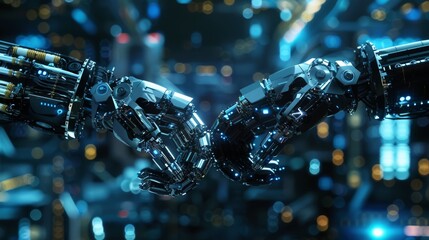 Poster - Two robotic arms shaking hands, representing collaboration and partnership in technology. Symbol of futuristic cooperation.
