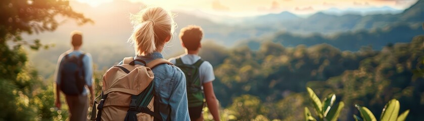 Family hiking in the mountains with beautiful scenery.