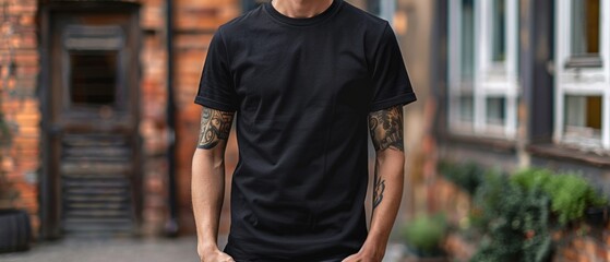 A tattooed man in a black T-shirt stands between brick buildings under an overcast sky, creating a slightly gloomy scene.