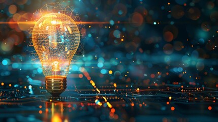 Poster - Illuminated light bulb with digital network patterns on an abstract background. Innovation and technology concept.