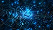 © olga_demina - Close-up view of microchip on circuit board with intricate details and glowing lights. Futuristic technology concept.