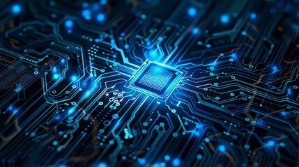 Poster - Close-up view of microchip on circuit board with intricate details and glowing lights. Futuristic technology concept.