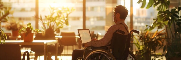 Aufkleber - Man in a wheelchair working on a tablet in a bright modern office surrounded by plants. Emphasizes workplace inclusion and accessibility.