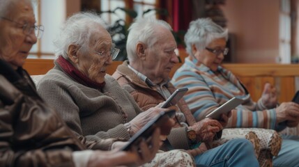Aufkleber - A group of elderly individuals sits closely together, focused on their tablets in a warm retirement community lounge. Generative AI