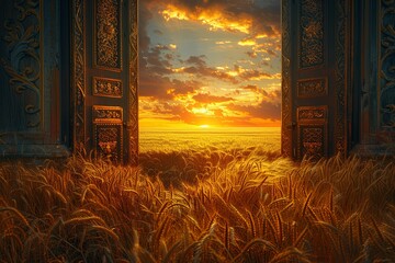 Poster - Ornate Golden Doorway Opening to a Vibrant Sunset Over a Golden Wheat Field. Generative AI