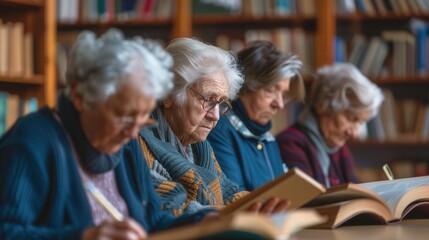 Poster - In a serene library, elderly individuals study foreign languages, immersed in textbooks and dictionaries, showcasing a passion for lifelong learning. Generative AI