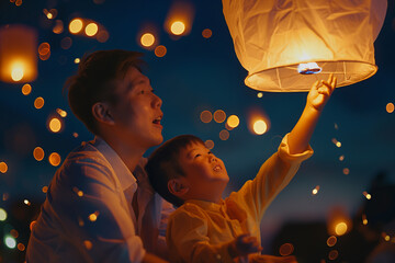 Canvas Print - Family at a traditional nighttime lantern festival