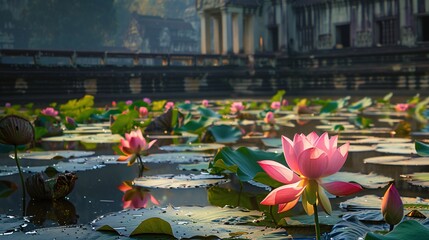 Wall Mural - A Cambodian temple surrounded by a lake filled with blooming lotus plants.