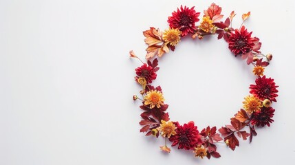 Poster - Autumn chrysanthemum wreath on white background with copy space