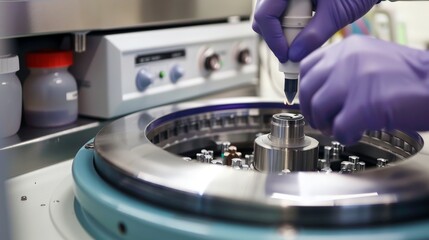 Wall Mural - A researcher using a centrifuge to separate samples, focused process