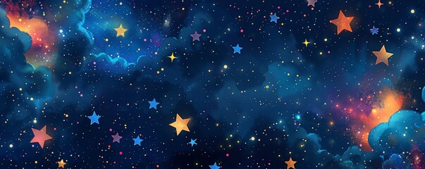 Wall Mural - cosmic dreams - seamless night sky pattern for textile design with colorful stars on dark blue backg