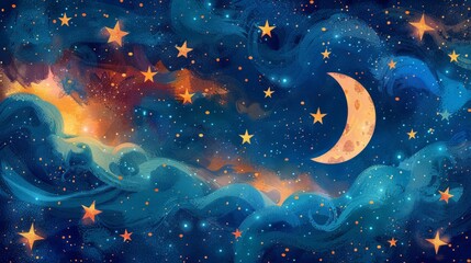 Wall Mural - cosmic night sky seamless pattern with glowing stars, bright moon, and colorful galaxy background