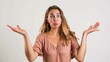 © ckybe - A woman displays hesitation and uncertainty against a plain white backdrop.