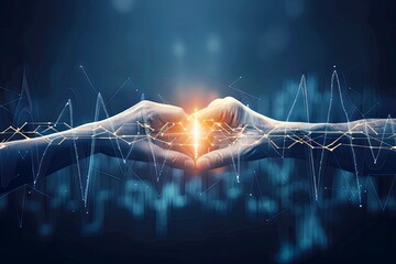 Poster - Two Hands Forming a Heart Shape With Bright Light in a Digital Background During a Collaborative Moment. Generative AI