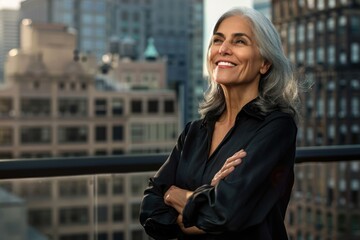 Wall Mural - Empowered older woman in city  smiling confidently.