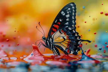 Poster - A whimsical representation of a butterfly emerging from a splash of bright paint, symbolizing transformation and creativity,