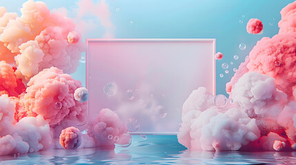 Wall Mural - Exotic pink background with sky and sphere and bublble and mirror in the middle, dreamy, background 