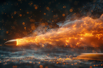 Poster - An abstract representation of a rocket ascending from a book, with vibrant trails of light reflecting its speed,