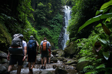 Wall Mural - Friends hiking to a remote scenic area