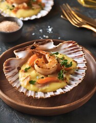 Baked scallop with bechamel, shrimp and ham. Typical dish from Galicia (Spain)