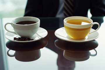 A comparison of coffee and tea in white cups on a reflective glass table, representing the choice between two popular beverages.