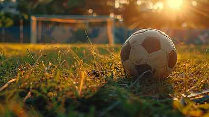 Wall Mural - A soccer ball on a grassy field at sunset, symbolizing sports, play, and a sense of nostalgia.