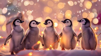 Wall Mural - Adorable penguin chicks lined up in unity, exuding cuteness, accompanied by festive party lights.