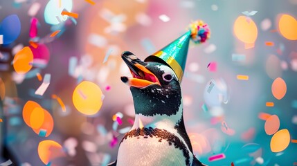 Poster - penguin with open wide mouth surprised wearing a party hat celebrating at a fancy birthday party festive celebration greeting with bokeh light and paper shoot confetti surround 