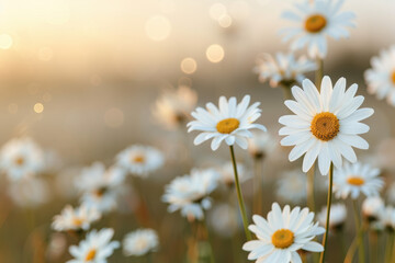 Wall Mural - Close-up view of blooming daisies in a sunlit meadow, creating a serene and natural atmosphere perfect for nature and floral backgrounds.