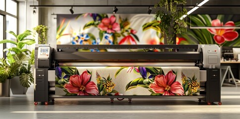Aufkleber - A large format printer in a modern studio prints a vibrant floral design on fabric