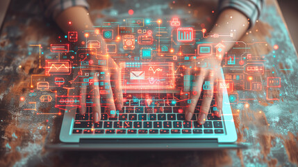 Person Using Laptop With Holographic Interface