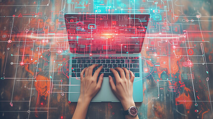 Person Typing on Laptop With Holographic Data Visualization