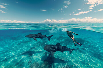 Wall Mural - Couple's underwater experience with whale sharks