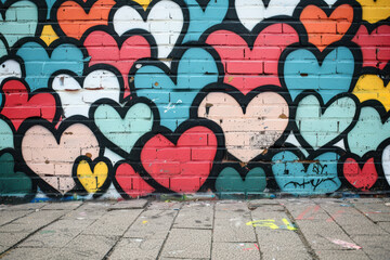 Poster - Colorful street art featuring various heart shapes on a brick wall, showcasing urban creativity and vibrant graffiti expressions.