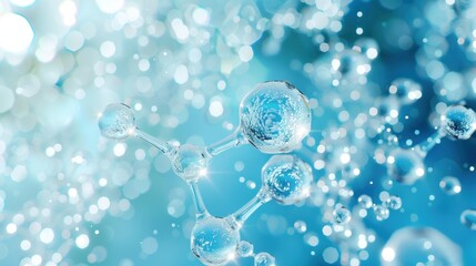 Poster - A molecule of water suspended in a blue liquid with sparkling lights in the background
