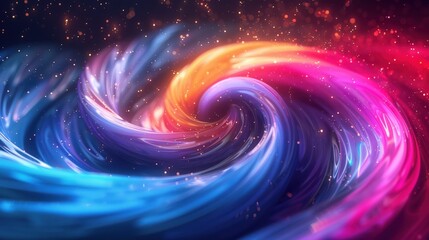 Poster - Vibrant cosmic swirl of colorful light trails creating a dynamic, abstract vortex against a dark background. Perfect for creative and artistic concepts.
