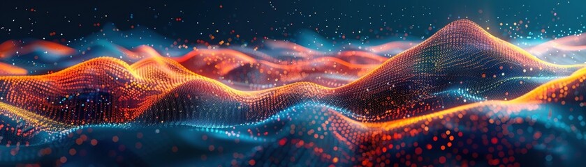 Aufkleber - Futuristic digital landscape with glowing grid structures and abstract waves, representing technology, data visualization, and artificial intelligence.