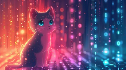Aufkleber - Cute cartoon cat with blue eyes sitting amidst glowing digital code in a colorful, futuristic, neon-lit background.