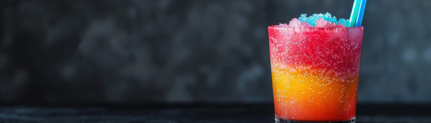 Vibrant layered non-alcoholic cocktail with crushed ice, red and yellow hues, topped with a blue straw against a dark background.