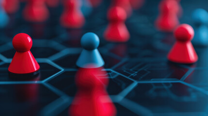 Poster - Red and blue game pieces on a dark, futuristic board with network patterns, illustrating strategy, competition, and planning in a digital environment.