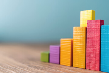 Poster - Colorful ascending bar graph blocks on a wooden surface with a blue background, representing growth, progress, and business statistics.