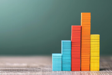 Poster - Stacked colored blocks in a bar chart shape on a wooden surface, symbolizing growth, progress, and data analysis against a green background.