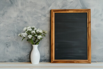 Empty chalkboard with wooden frame and white flower vase on shelf against textured wall. Perfect for education, menu design, or rustic decor concept.