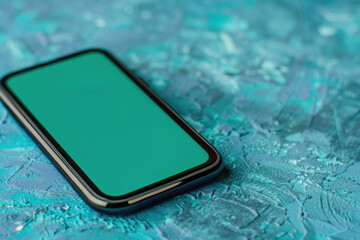 Close-up of a modern smartphone with a blank screen on a vibrant textured blue background, emphasizing technology, minimalism, and contemporary design.