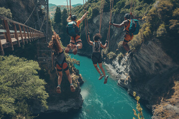 Wall Mural - Group of friends on bungee jumping adventure