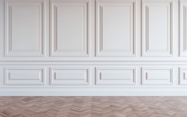Poster - Elegant white paneled wall with herringbone wooden floor. Ideal for interior design, home decor, and architectural backgrounds.