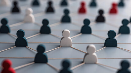 Poster - Network of miniature figures connected by strings, symbolizing social connections and communication in a complex web of relationships.