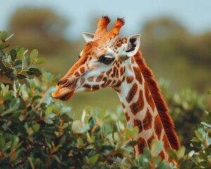 Wall Mural - Graceful Giraffe Browsing Treetops in the Serene African Savannah Landscape